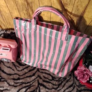 Pink and Green Striped Coated Tote Bag